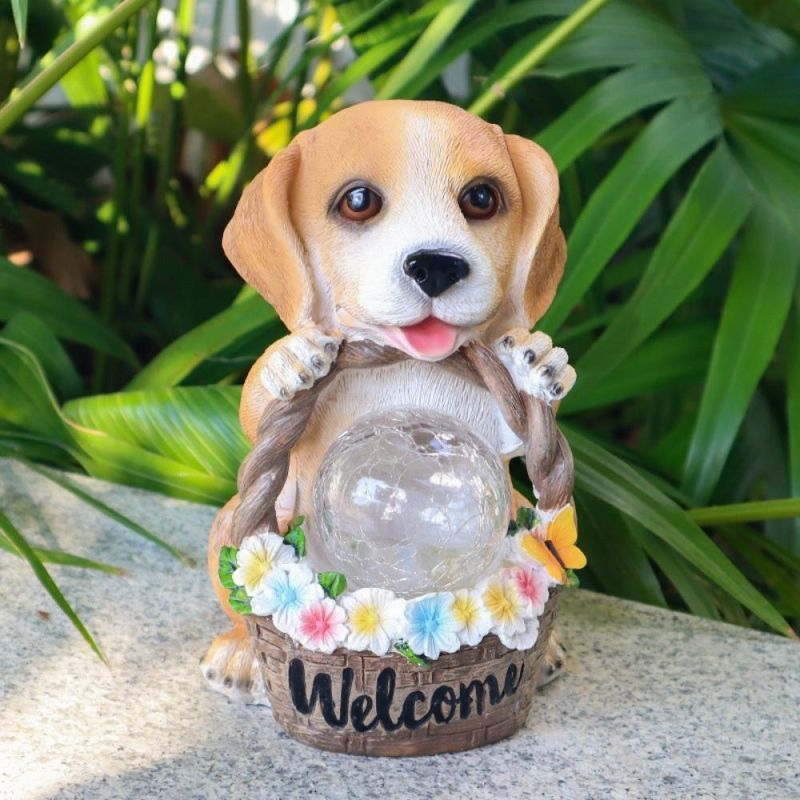 Welcome Puppy Dog Statue Decor Solar Waterproof Resin Puppy Sculptures Guest Greeter Outside Decor Housewarming Holiday Gifts Wyz20506