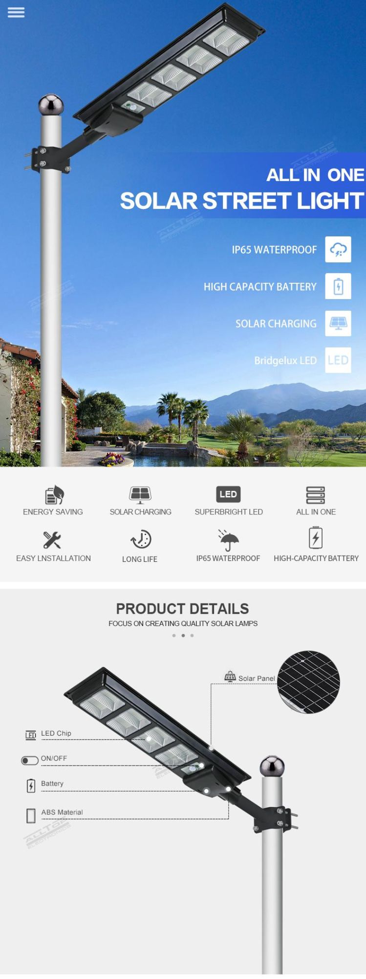 Alltop Integrated Black ABS 50 100 150 200 250 300 W IP65 Waterproof SMD Outdoor LED All in One Solar Street Light