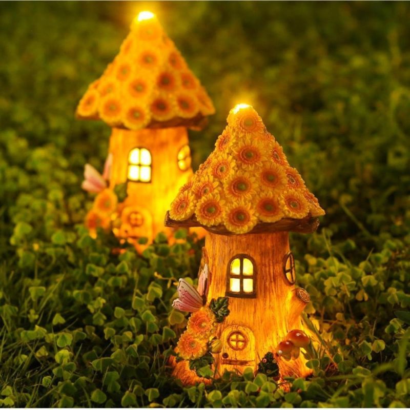 Solar Powered Fairy Sunflower Mushroom Tree House Lamp Waterproof Resin Figurine Night Lamp Ornament Garden Decor Sculpture Wyz20507