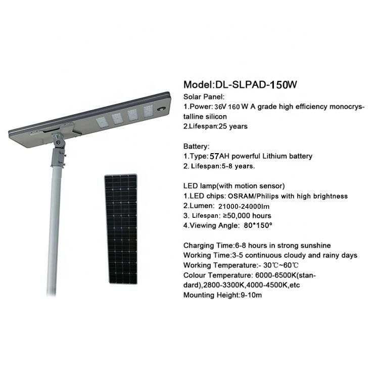 5 Years Warranty Aluminium Outdoor Waterproof IP65 LED 150W Integrated All in One Solar Street Light