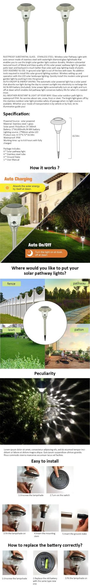 Simva Solar Powered LED Garden Lights, Outdoor Landscape Lawn Lights for Driveway Garden Yard, Waterproof Stainless Steel LED Garden Landscape Street