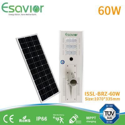 60W Integrated Solar Light All in One LED Street Light Outdoor LED Light with 8 Years Life-Span LiFePO4 Batteries