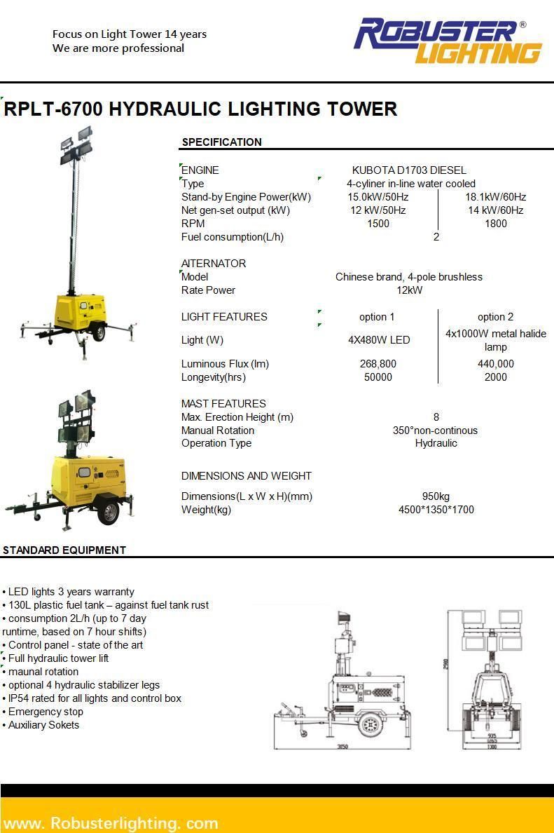 Kubota Portable Silent Hydraulic Diesel Mobile Light Tower