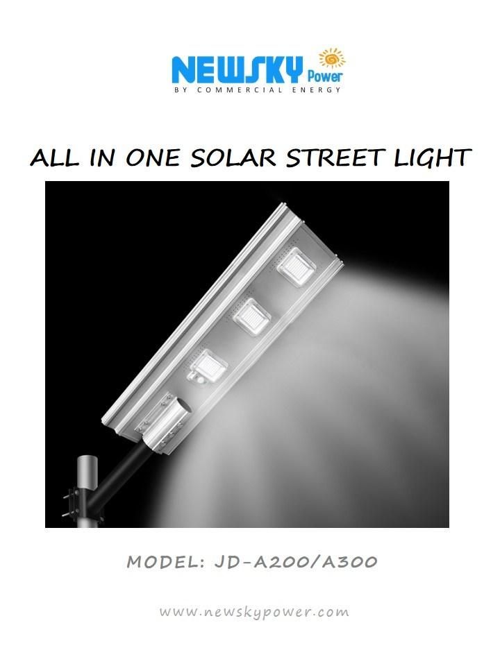 Jd Aluminum Materials Motion Sensor and Light Sensor Outdoor Waterproof IP65 High Brightness LED Chips 300W All in One Solar Street Light