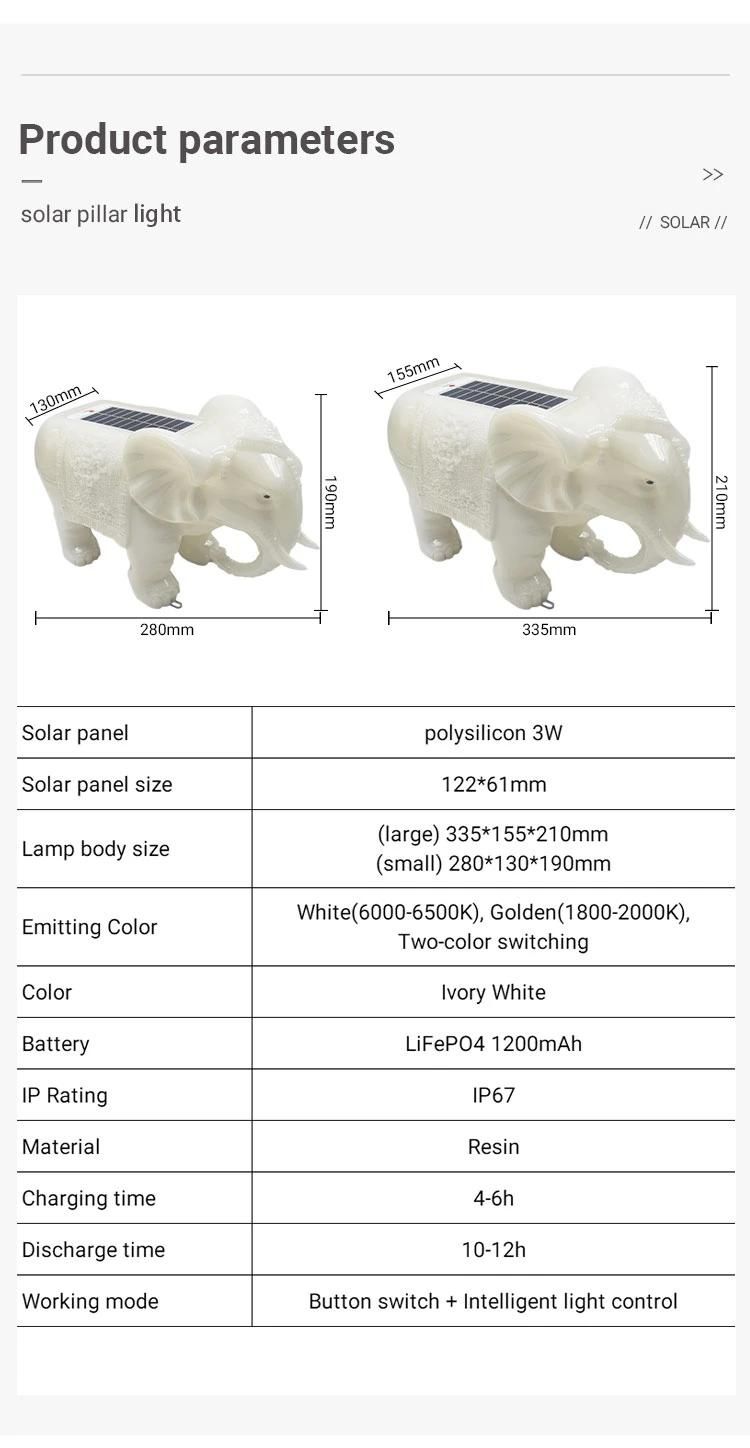 Elephant Solar Power Post Lights Outdoor Waterproof LED Garden Light