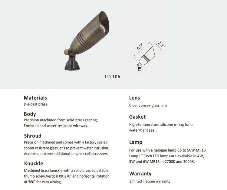 Lt2105 Solid Cast Brass Bullet Spotlight 1-Light LED MR16 Bulb 12V 50-W Maximum Bright Residential Light Bronze