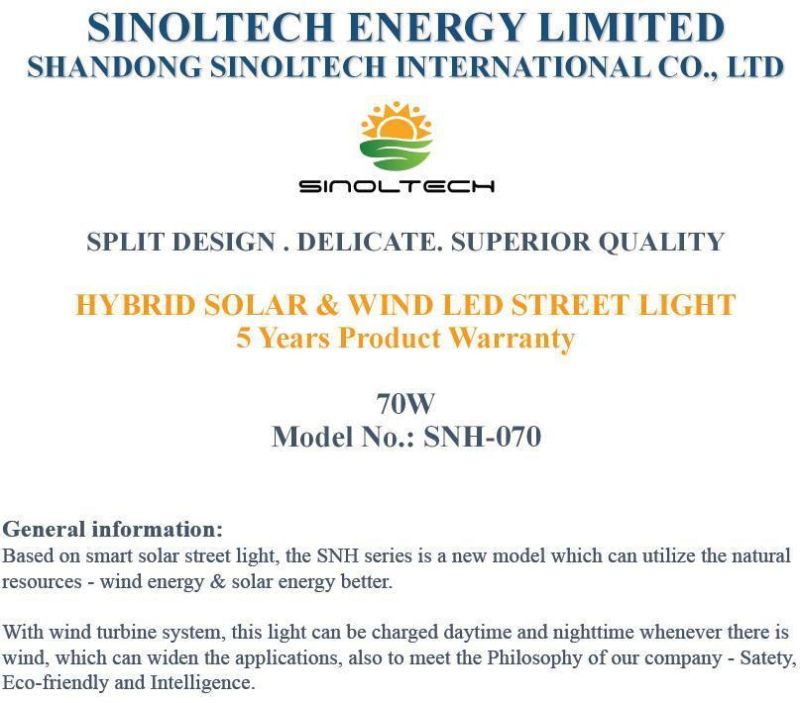 All in One Design 70W Wind and Solar Powered Hybrid LED Luminaires  (SNH-070)