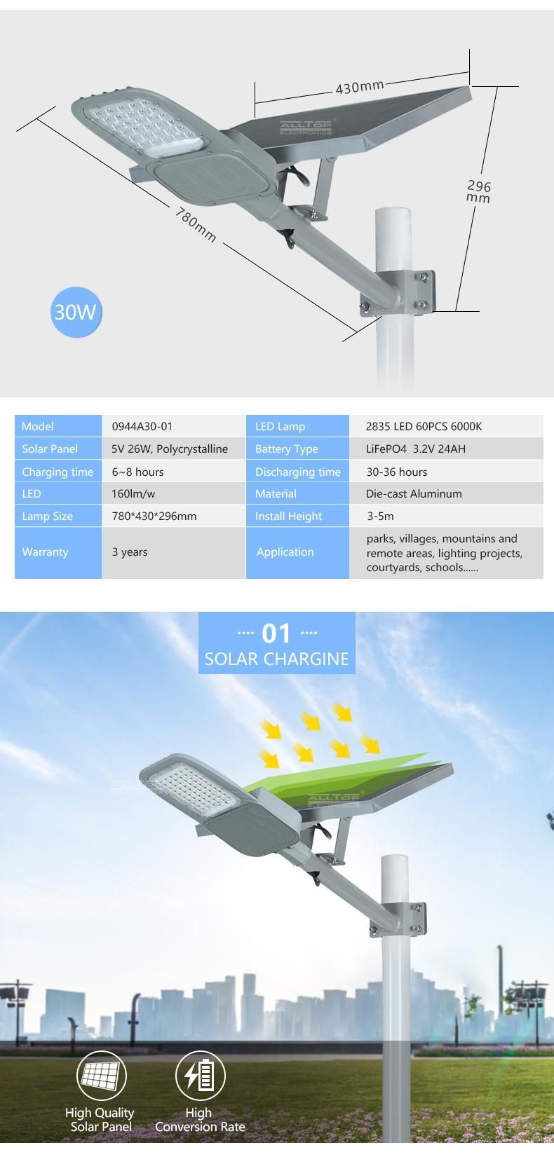 Alltop Factory Wholesale Rechargeable IP65 Waterproof 30W 60W LED Solar Street Lamp