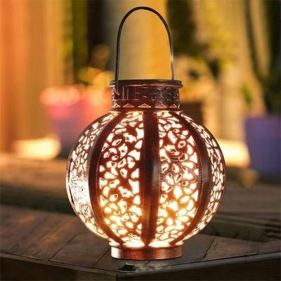 Solar Iron Art Metal Hollow out Round Lantern Hanging Decoration Light