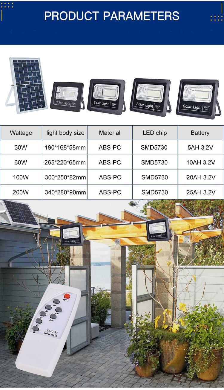 Outdoor Waterproof IP67 Courtyard Lamp 30W 60W 100W 200W Solar LED Flood Light