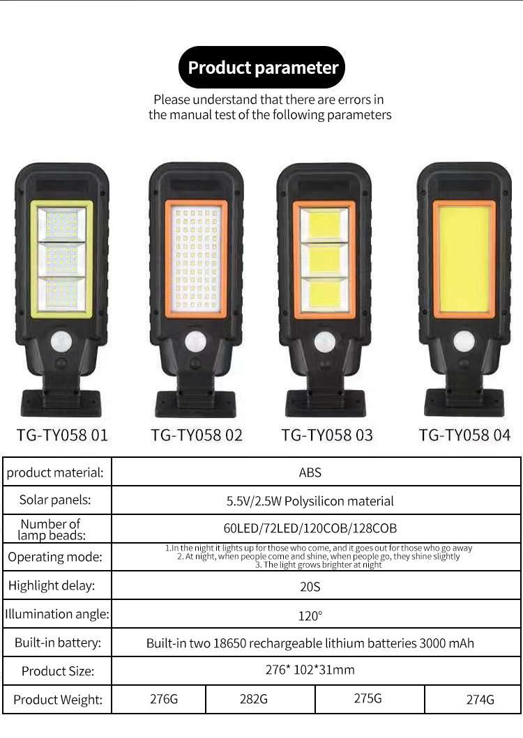 Solar Power 100/210 COB LED Street Light Outdoor Garden Path Wall Lamp Solar Light with 3 Modes for Porch Gutter