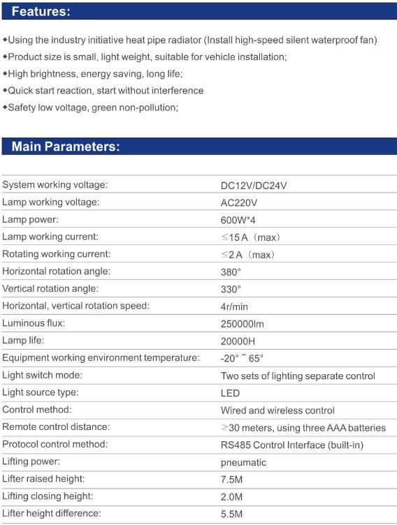 Senken 7.5m LED Light Pneumatic Telescopic Mast Vehicle Mounted Lighting Tower