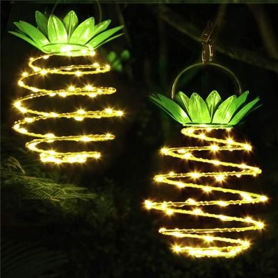 Solar Outdoor Pineapple Design Iron Art Metal Hollow out Tree Leaves Shadow LED Round Lantern Decoration Light