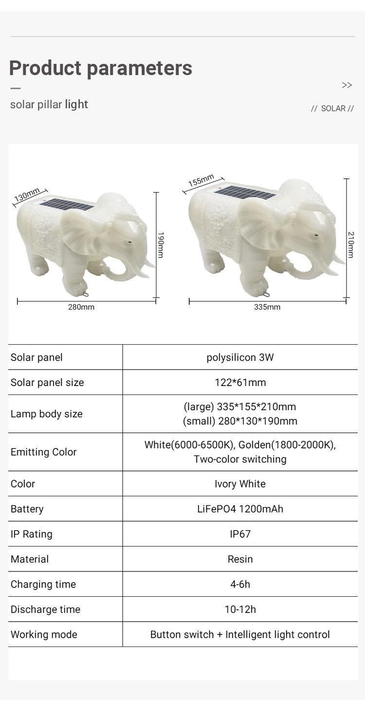 Cute Elephant LED Solar Pillar Light Waterproof Solar Garden Light