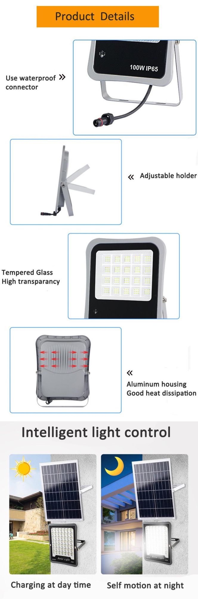 Energy Saving High Brightness Outdoor IP65 Waterproof Solar Battery Powered Lamp 60W 100W 200W LED Solar Flood Light