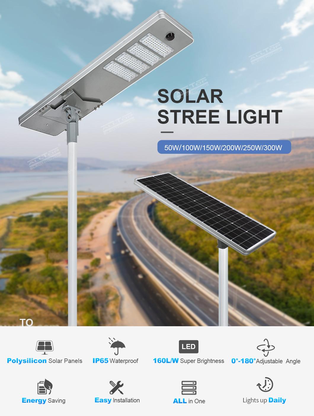 Alltop Outdoor IP65 Waterproof SMD Bridgelux 50W 100W 150W 200W 250W 300W Garden All in One Solar LED Street Lamp