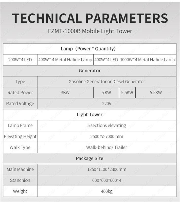 Gasoline Generator 7m Trailer Mobile Lighting LED Portable Light Tower