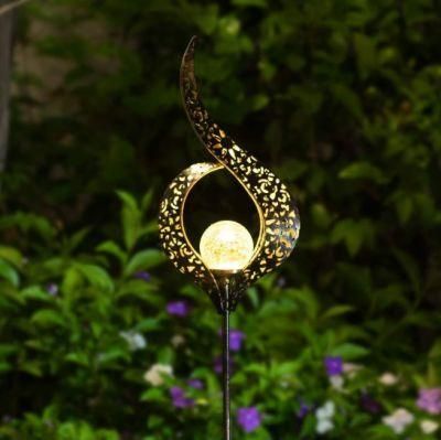 Solar Iron Art Metal Cracked Glass Bulb Ball LED Outdoor Stake Torch Garden Lawn Decoration Lamp with Moon Flower Sun Design