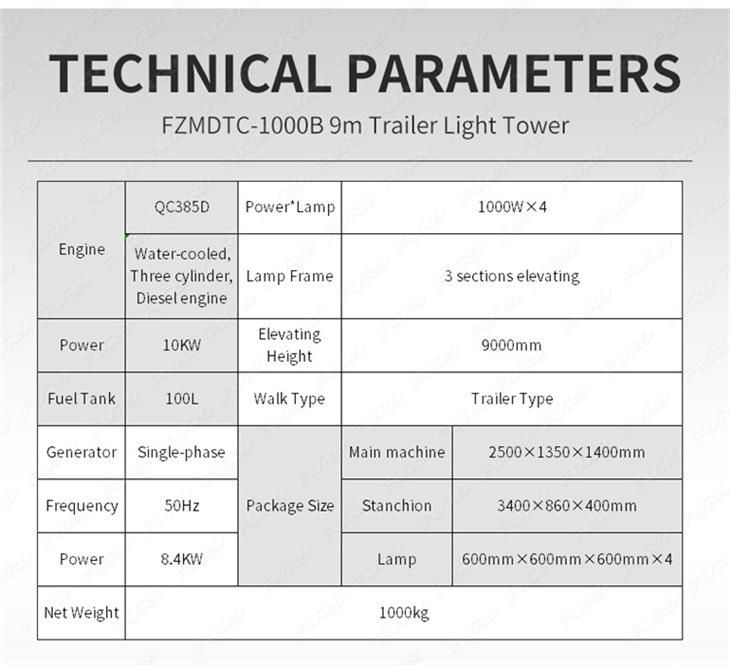 9m Trailer Vehicle-Mounted Light Tower with LED or Metal Halide Lamp