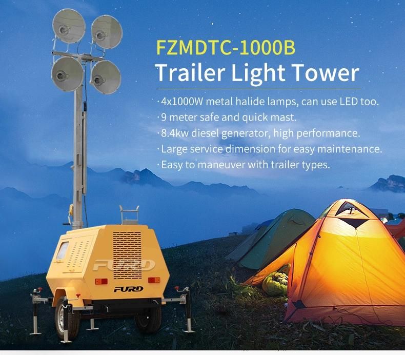 Trailer Type 9m Outdoor Telescopic Mobile Lighting Tower Machinery Fzmdtc-1000b