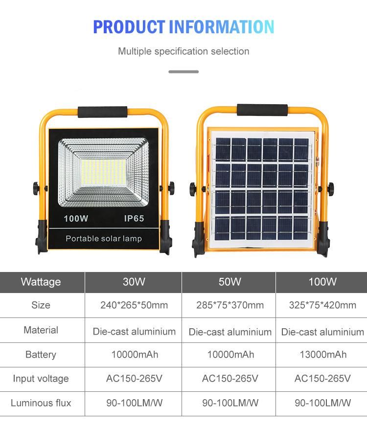 Portable Remote Control Outdoor IP65 Waterproof 30W 50W 100W Solar LED Flood Light