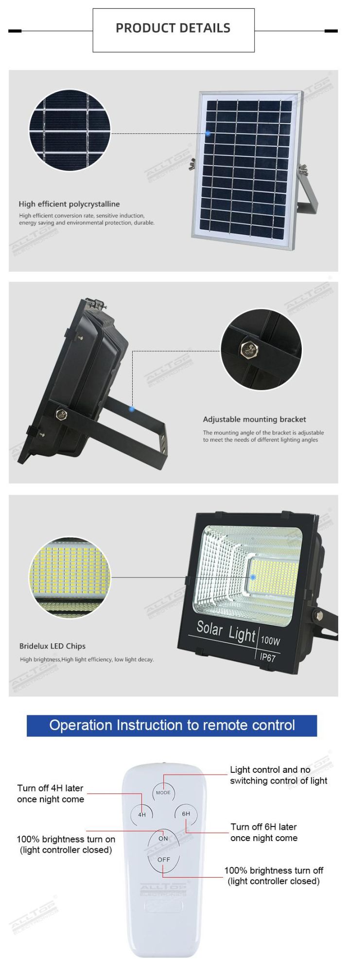 Alltop High Lumen Aluminum IP65 Waterproof 25 W 40 W 60 W 100 W 200 W 300 W Outdoor Solar LED Flood Light