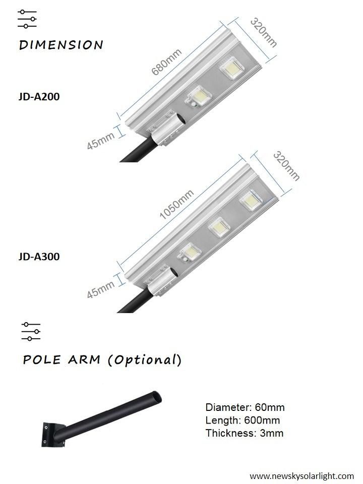 Factory Direct Wholesale Motion Sensor LiFePO4 Battery All in One Jd-A300 LED Solar Street Light