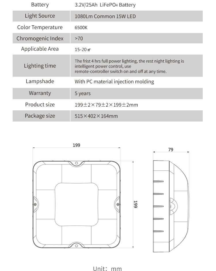 LED 15W Solar Ceiling Light 6500K Home Commercial Use LiFePO4 Battery