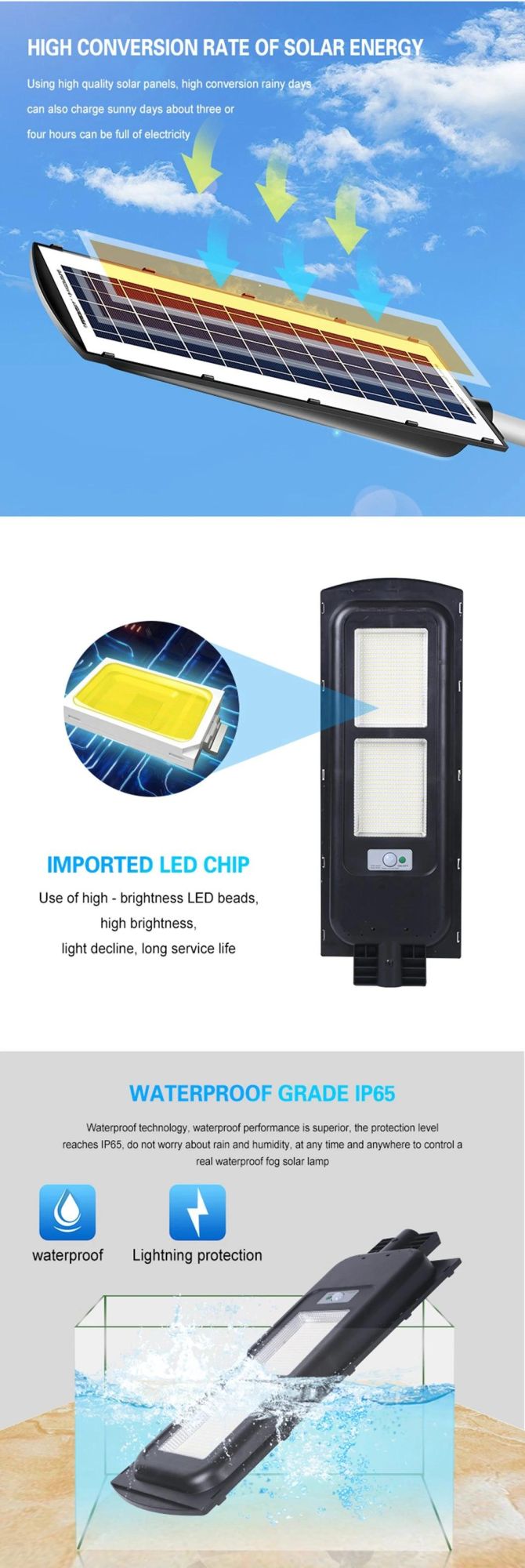 High Brightness IP65 Waterproof Outdoor LED Motion Sensor 100W 200W 300W All in One Solar Street Lamp