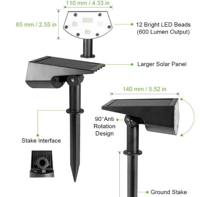 Simva 12 LEDs Solar Landscape Spotlights, IP67 Waterproof Solar Powered Wall Lights 2-in-1 Wireless Outdoor Light for Yard Garden Driveway Porch