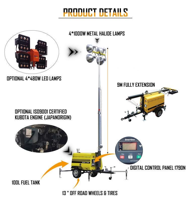 7.2kw Diesel Generator High Mast Mobile Trailer Lighting Tower