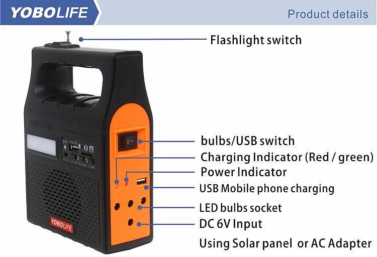 6V Solar Light with FM Radio /MP3 Function LED Bulbs Mobile Solar Charging System