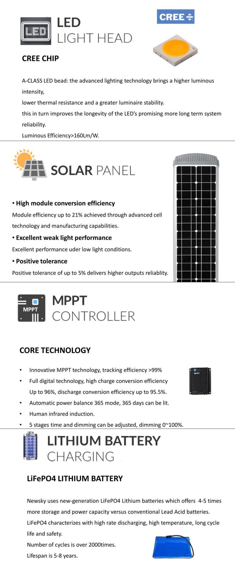 High Brightness 100W LED Integrated Solar Street Light for 9m Pole