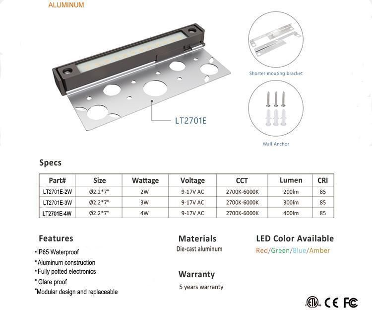 Lt2701e Replaceable 4W 2700K-6000K Aluminium IP65 Waterproof LED Hardscape Light for Low Voltage Landscape Step Lighting