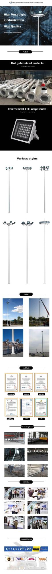 IP65 Waterproof Outdoor Adjustable Steel High Mast Column with LED Flood Lamp