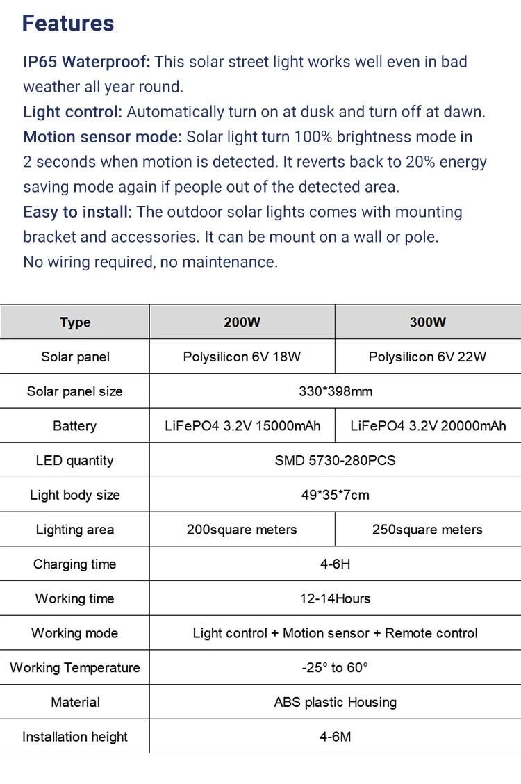 Waterproof 200W 300W Street Light Outdoor Solar LED Street Lamp