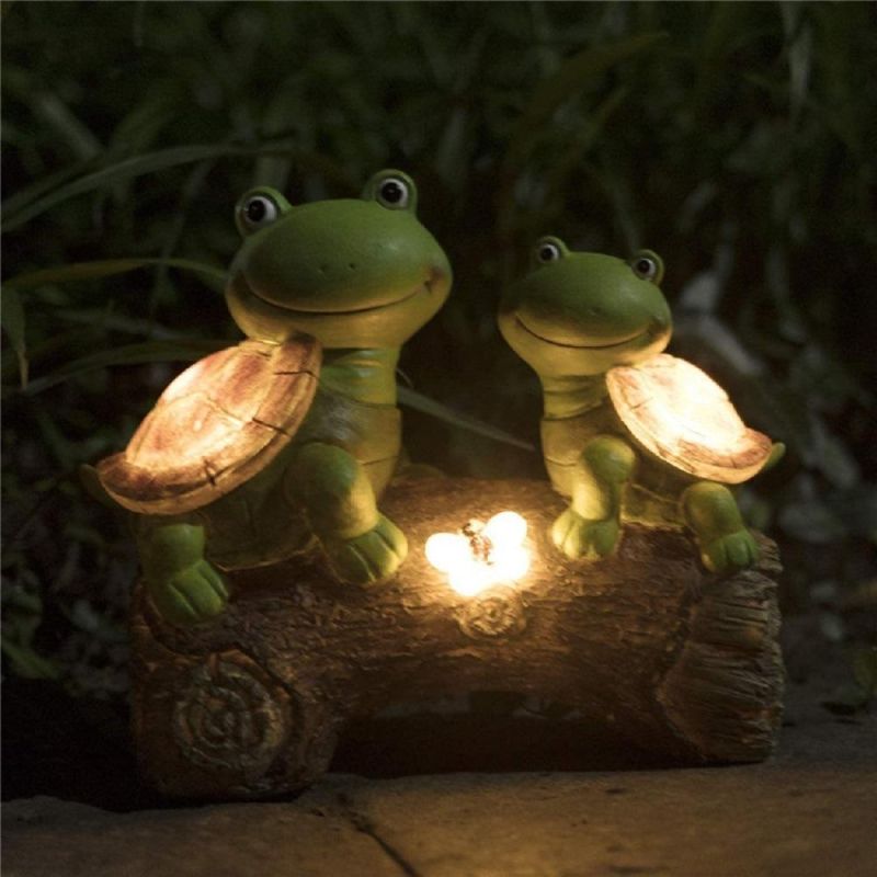 Cute Frog Face Turtles Animal Sculpture with Solar LED Lights Garden Statue Figurine for Indoor Outdoor Decorations, Patio Yard Lawn Ornaments Wyz17908