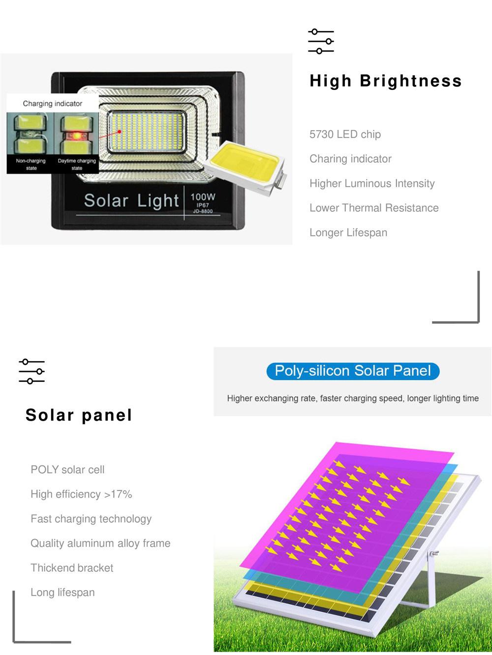 Outdoor Security LED Lamp IP65 Waterproof Jd Model 100W Solar Flood Light with Remote Control