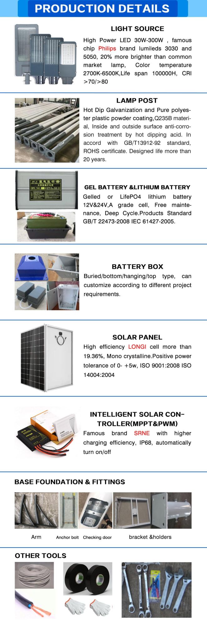 OEM/ODM 60W 80W 100W Split Solar Light Lithium/ Gel Battery Outdoor Solar Street Light DC Lamp with Poles