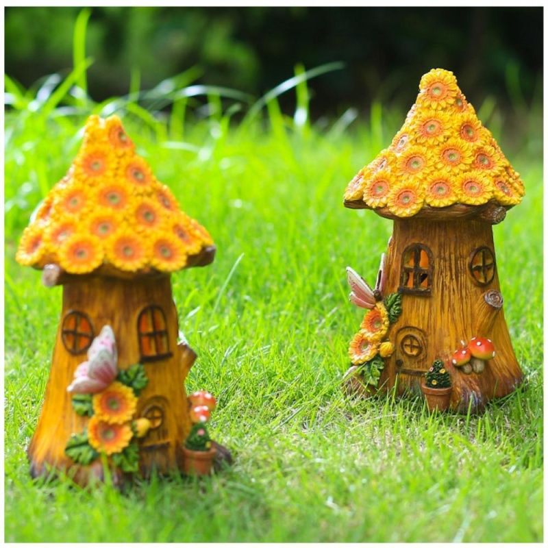 Solar Powered Fairy Sunflower Mushroom Tree House Lamp Waterproof Resin Figurine Night Lamp Ornament Garden Decor Sculpture Wyz20507