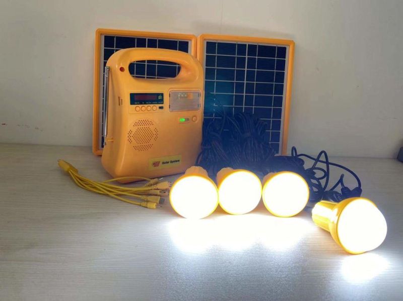 Affordable 10W Solar Home Lighting System with FM Radio, 4PC LED Bulbs and USB Mobile Phone Connectors