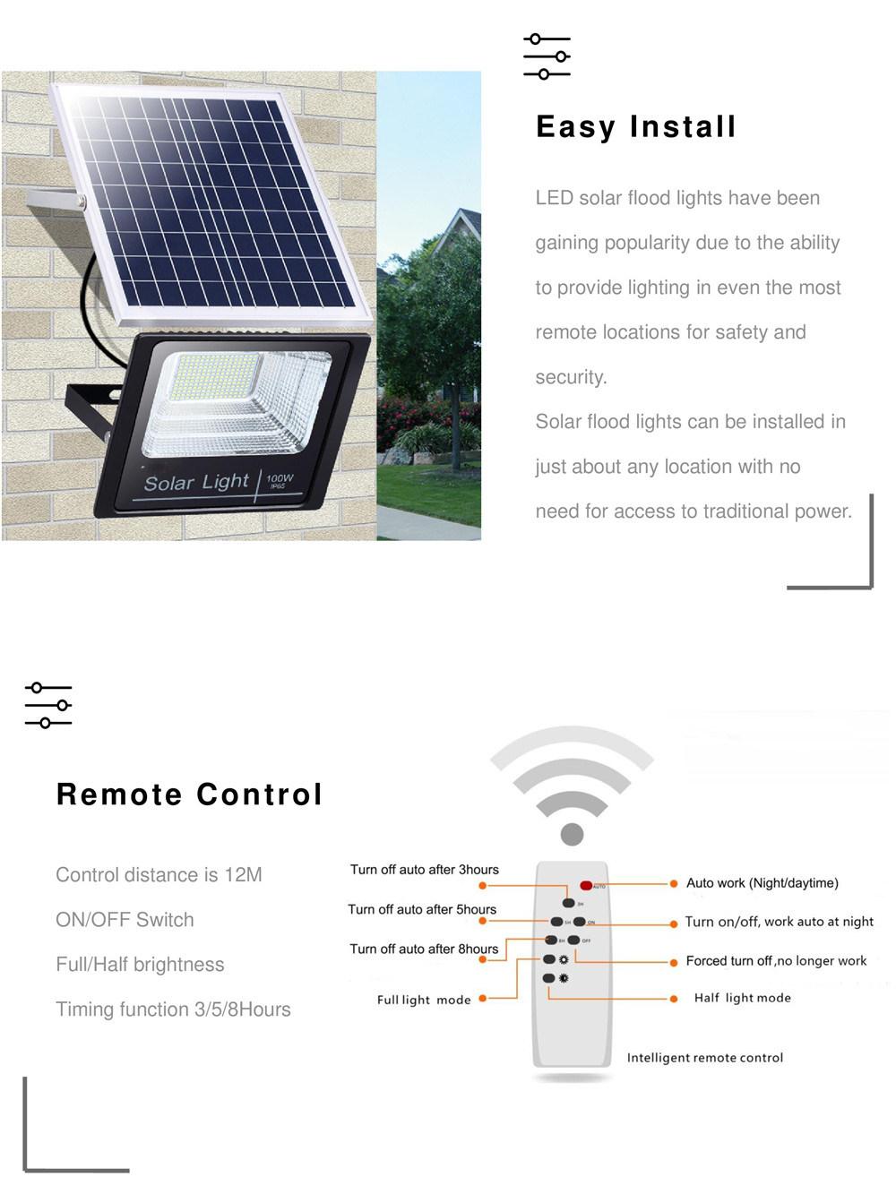 Outdoor Security LED Lamp IP65 Waterproof Jd Model 100W Solar Flood Light with Remote Control