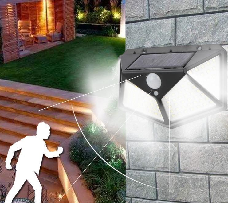 Wall Mounted Outdoor Patio Lamp 100LED Solar Rechargeable Wall Lamp Emitting Light on All Sides Human Body Sensor Lamp