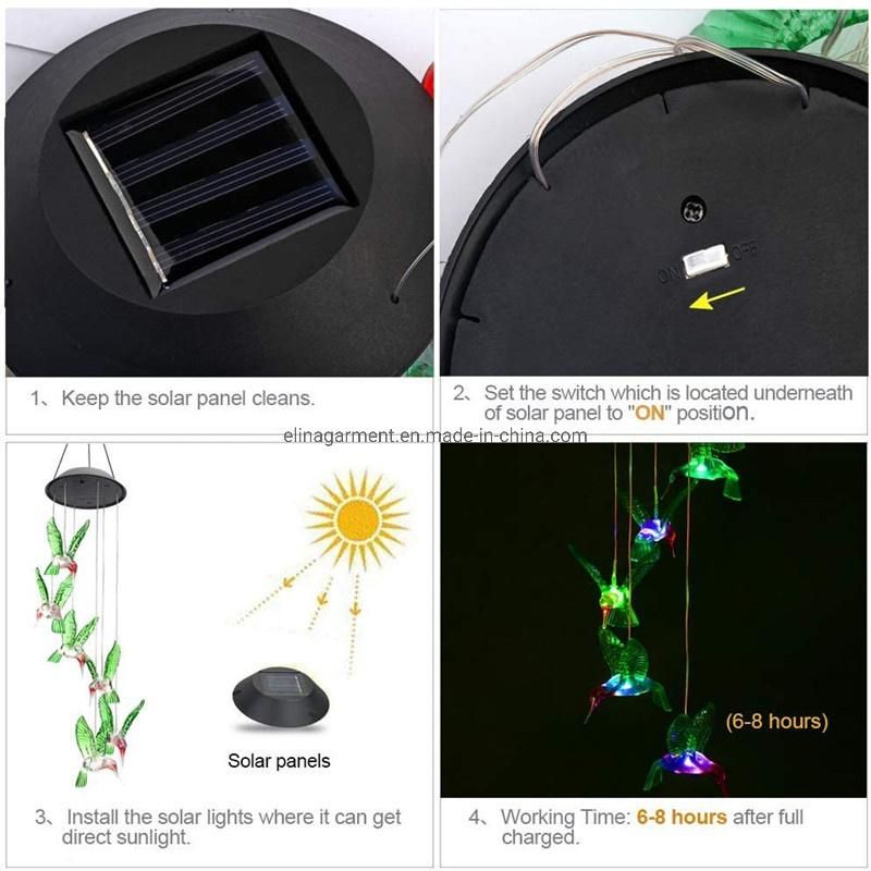 LED Solar Light Hummingbird Wind Chime Changing Color Waterproof Six Hummingbird Wind Chimes for Home Party Outdoor Night Garden Decoration