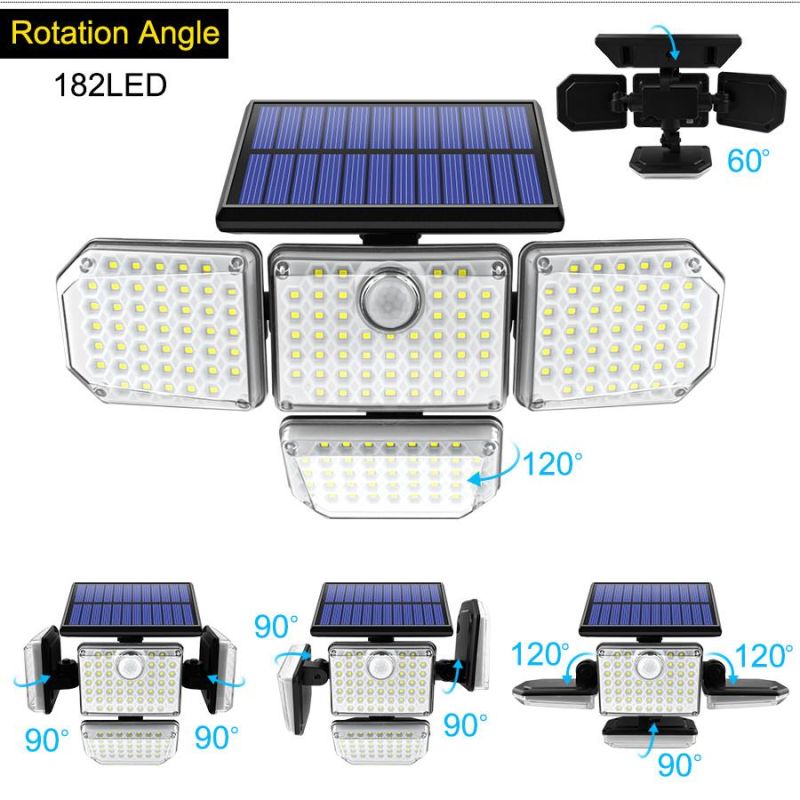 Solar Lights Outdoor 182/112 LED Wall Lamp with Adjustable Heads Security LED Flood Light IP65 Waterproof with 3 Working Modes