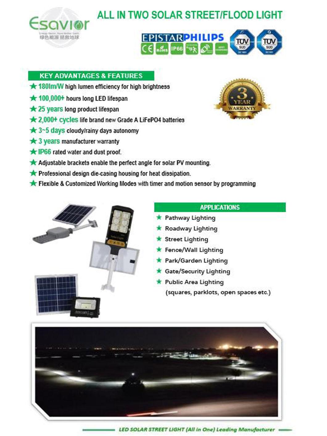 IP66 Ce RoHS ISO TUV 50W LED All in 2 Solar Street Flood Light 5000 Lumens