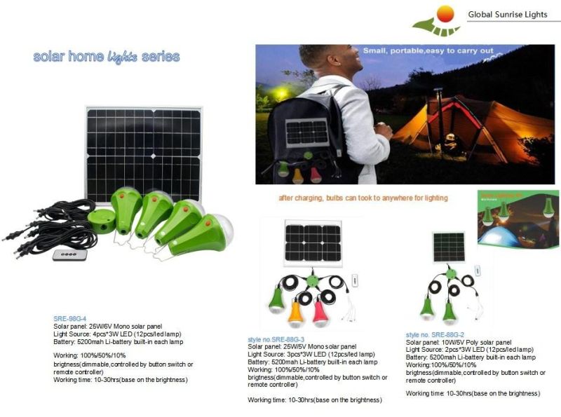 Solar Home System 25W Solar Light Kit with 5200mAh Battery Solar Camping Lighting System