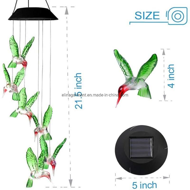 LED Solar Light Hummingbird Wind Chime Changing Color Waterproof Six Hummingbird Wind Chimes for Home Party Outdoor Night Garden Decoration