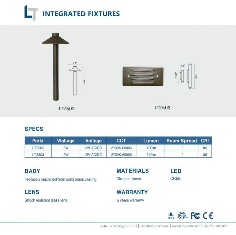 Lt2502 Die-Cast Brass 5W 12VAC CREE Chip Heavy Duty Brass Integrated Lights Premium Path Lights for Garden Lighting