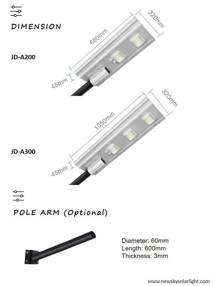 Jd Aluminum Materials Motion Sensor and Light Sensor Outdoor Waterproof IP65 High Brightness LED Chips 300W All in One Solar Street Light